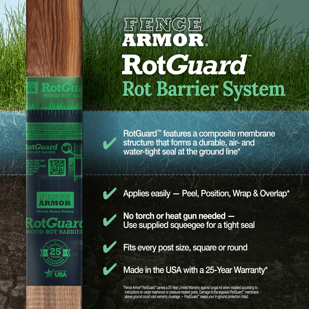 RotGuard™ - 20' Foot Roll RotGuard™ - 20' Foot Roll 20' Foot Roll - Fits All Post Sizes RotGuard™ self-adhesive wrap - Rot Barrier Fence Armor